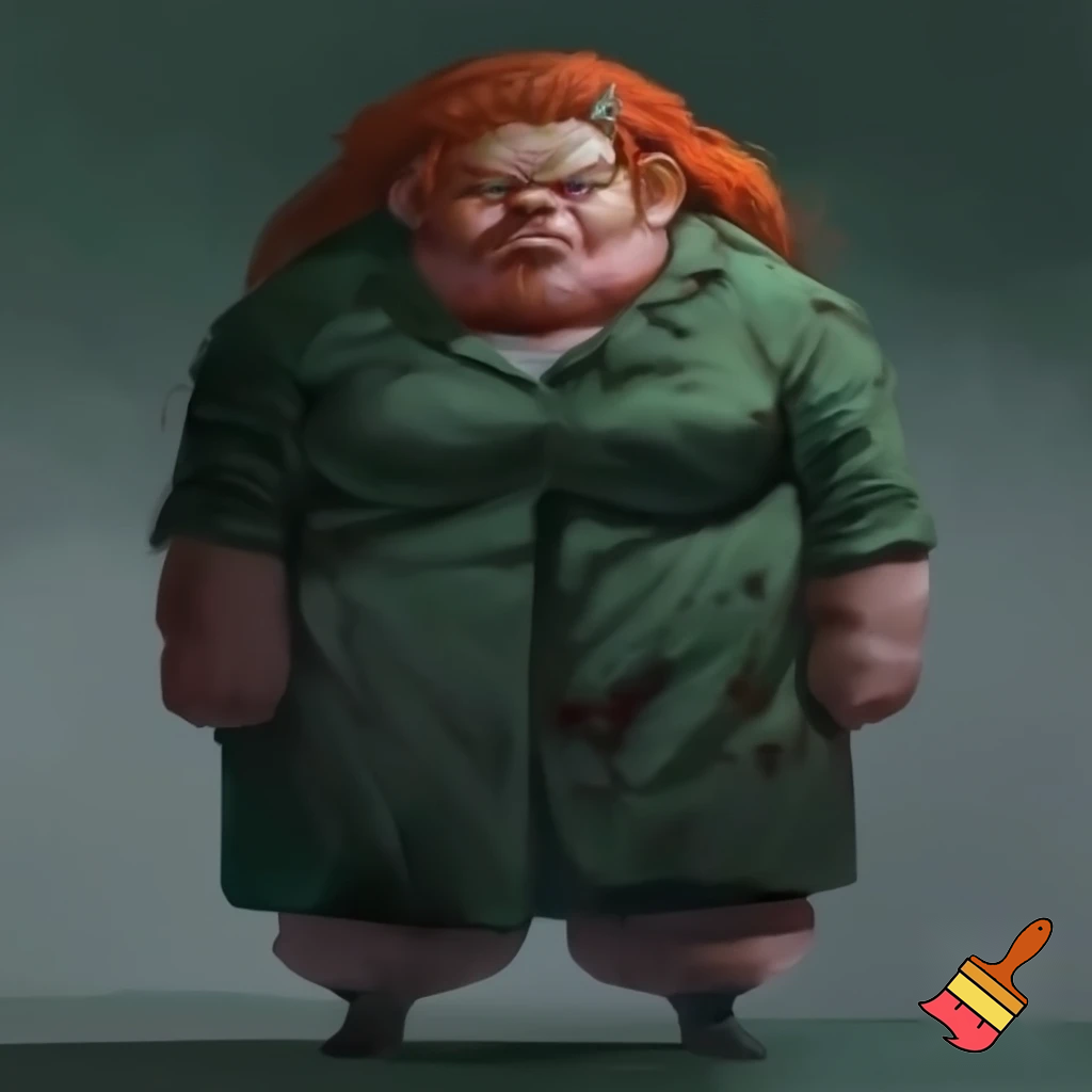 A fat lady that wears a green coat, has bulging ankles, dirty sneakers, loose fleshy cheeks, neck covered by fat, sparse red hair pinned back by a plastic barrette, tiny face features, small blue eyes, and looks intimidating.