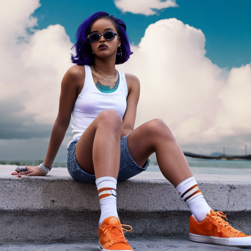 Rihanna orange tanktop belt blue short jeans purple socks orange and white sneakers on a sitting Cloud 