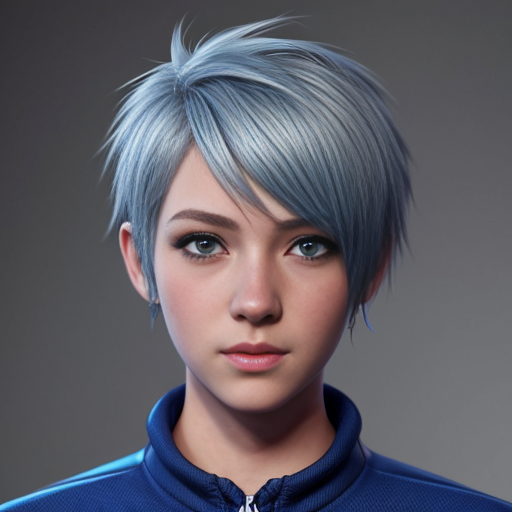Simple anime cartoon style. Female. Short azure blue hair in an extremely short Spikey pixie cut. Blue eyes. Head shot.