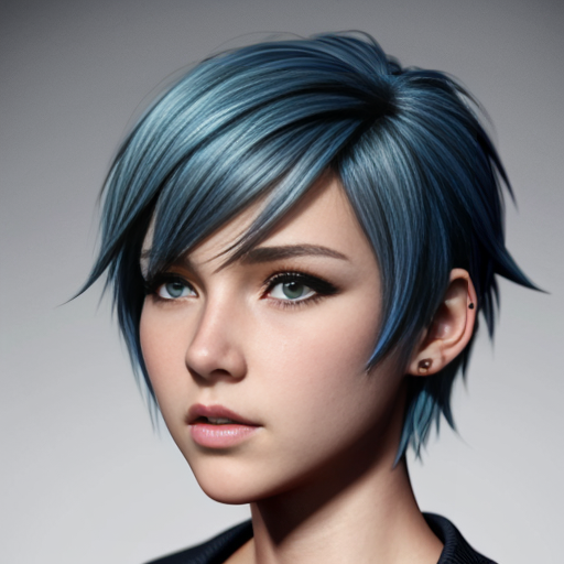 Simple anime cartoon style. Female. Short azure blue hair in an extremely short Spikey pixie cut. Blue eyes. Head shot.