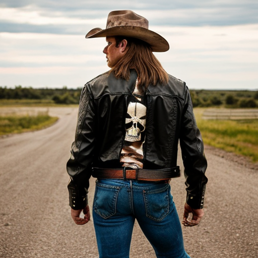 Show me a picture of a country punk cowboy wearing a black cowboy hat a black leather jacket and a red plaid flannel under the leather jacket with ripped blue jeans and a black skull shirt and tan cowboy boots and a tan leather belt and regular eye glasses