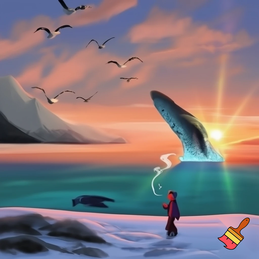 The sky was wrapped in a warm blanket of clouds whilst the sun peeped through.As I looked up,the seagulls cried out loudly as they gracefully flew across the sky.As I began walking across the velvety snow my cheeks turned bright red and my nose began to drip out water.When I opened my mouth a cloud of smoke burst out.

The mountains were grey and black.As I looked into the sky the clouds turned a bright pink and orange as they moved closer together like a happy family.The temperature dropped even lower and my legs felt like they were about to freeze  but i kept walking and didn't give up.The snow went onto my face and my hands started to become even colder but i still didn’t give up.

The waves splashed into the sky and sprayed onto my face.Whilst I wasn't looking a whale splashed out the water and into the sky my stomach dropped in shock.The water was a calm blue and green and I saw a turtle through it.
