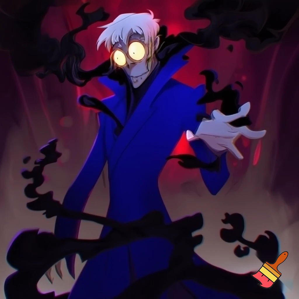 A tall, lean pale man with a similar build to Alastor with white hair, distinctive round brass glasses he has a stern look on his face. his face In cartoonish art style of hazbin 
hotel wearing his signature blue overcoat with black sinister smoke curling around him his hand reaching out, producing the black sinister smoke