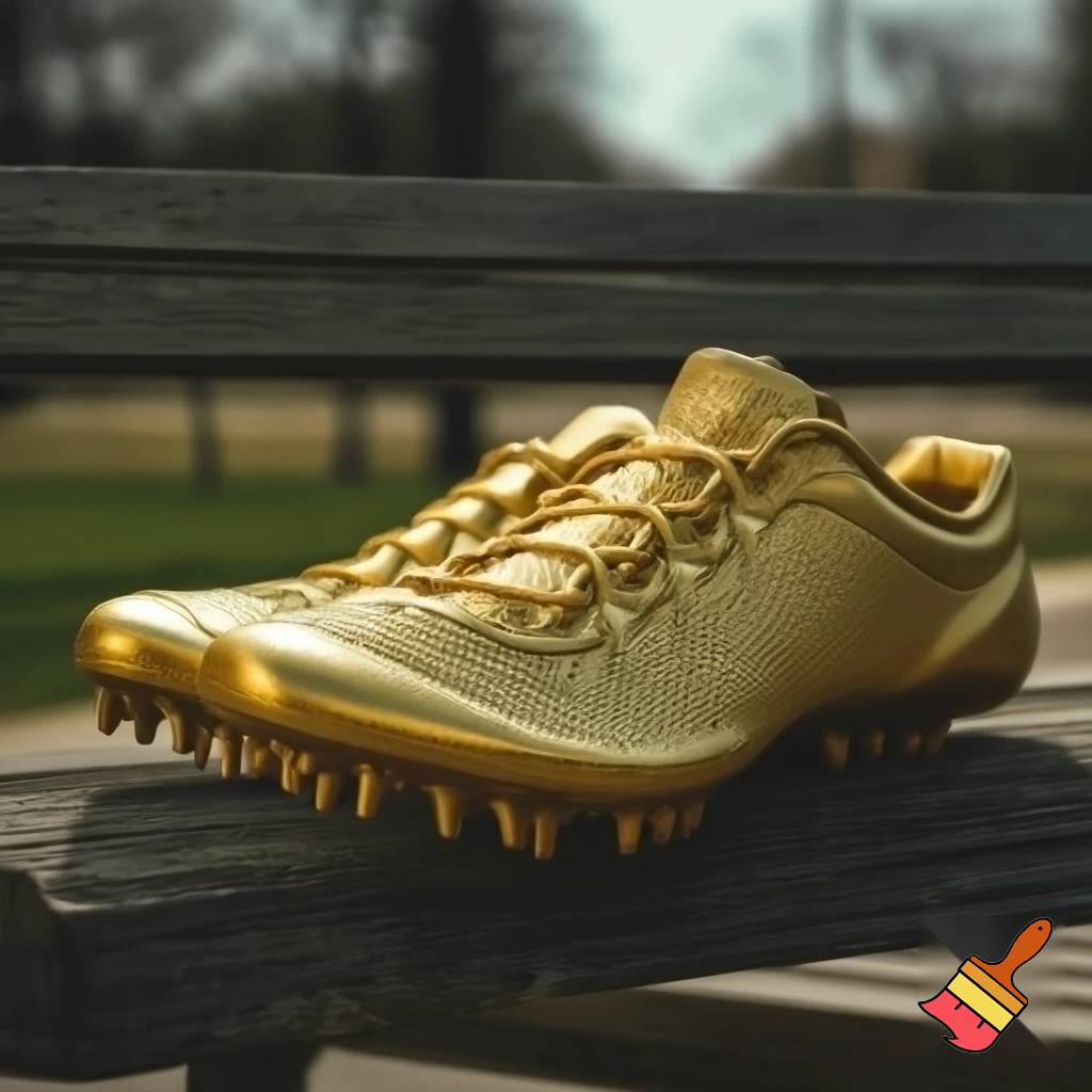 gold track shoes on a bench
