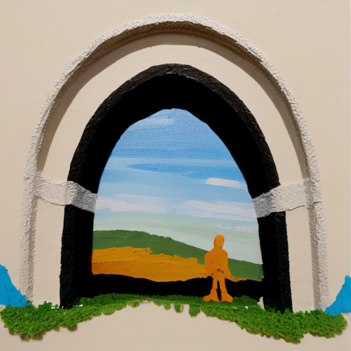 Paint the stones of an arch with multiple abstract figures in Tanguy  style