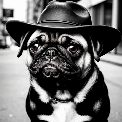 Make a picture with a black and white pug with one eye with a cowboy hat, standing up in the city with a cowboy hat