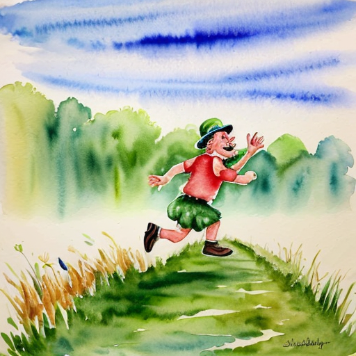 leprechaun running through grass laughing hysterically