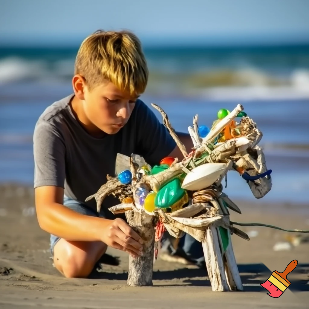 boy building a horse out of beach trash