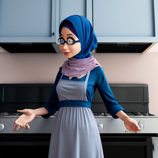 Pixar-style 3D cartoon character, standing at the stove, cooking gesture, exaggerated cartoon features, big expressive eyes, Muslim woman 35-40 years old, fully covered in wide light blue dress, loose modest clothing, headscarf covering all hair, no sexualized features, gray background, simple cartoon style