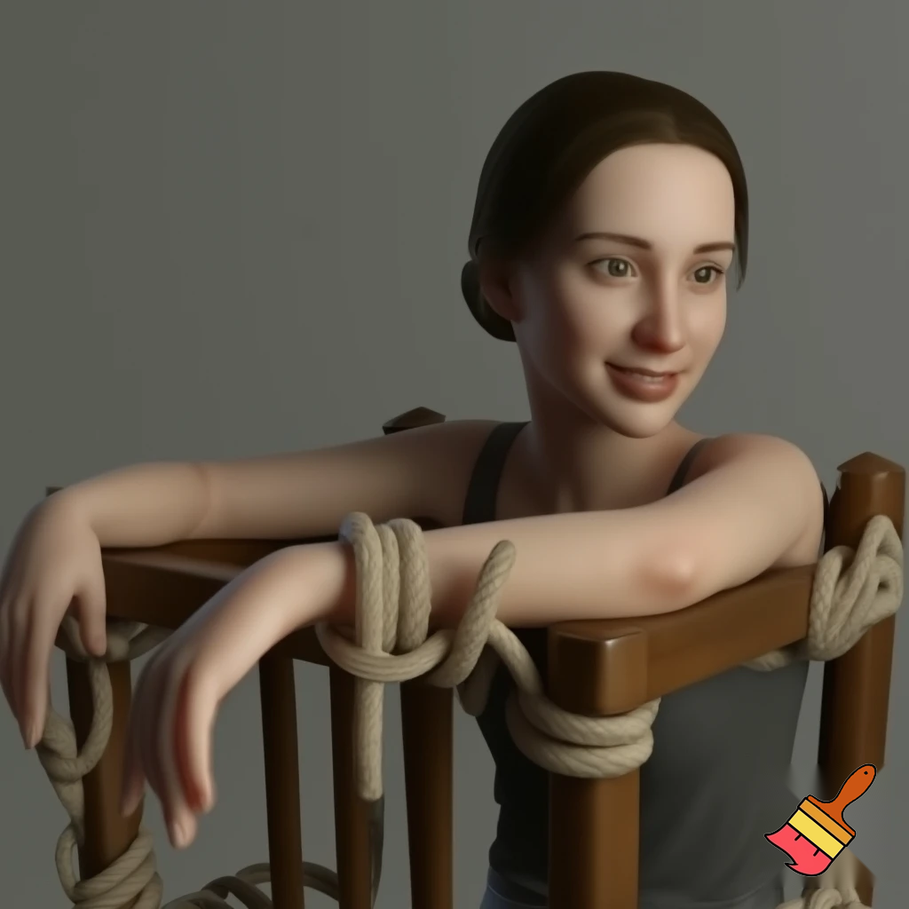 young woman tied to chair smiling