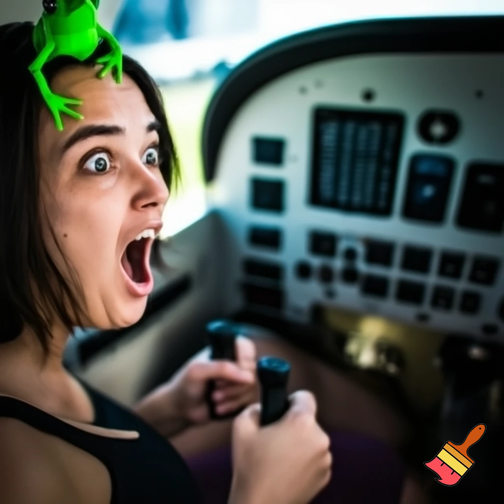 a inpoyle in  a plane is sacred of a frog on her head she scram