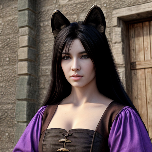 Female black wolf with long pretty black hair and purple eyes, wearing brown medieval clothes 
