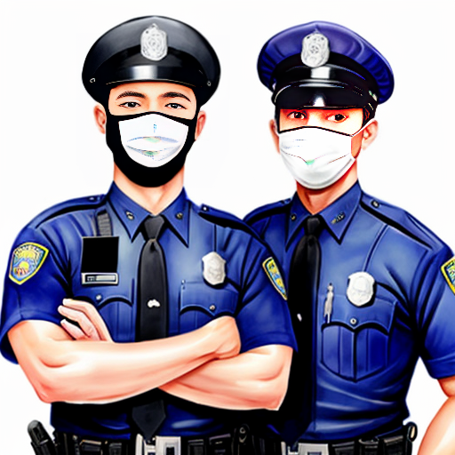 two anime men standing next to each other one wearing half police uniform and a police hat with a visor covering his face and eyes and the other man is wearing full police uniform and a police hat 