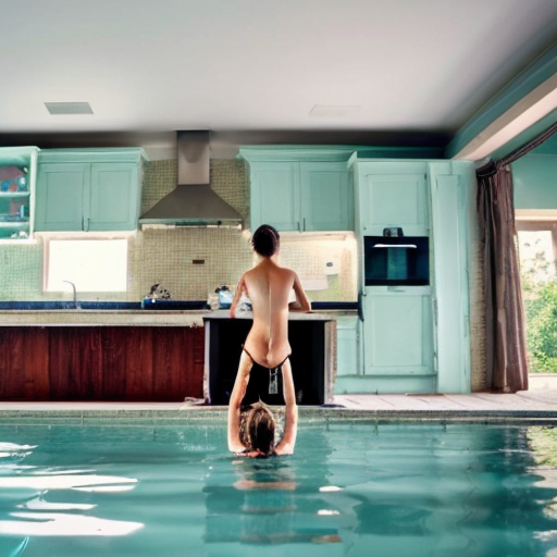 A girl in a pool party now make them turn around touch make them stand on the ground and touch their toes like inside the house make them be inside a kitchen inside the house
