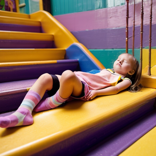 A girl lying down on the soft colourful Stairs wearing summer pink vests and purple shorts and yellow socks in indoor playground age 5 - 10