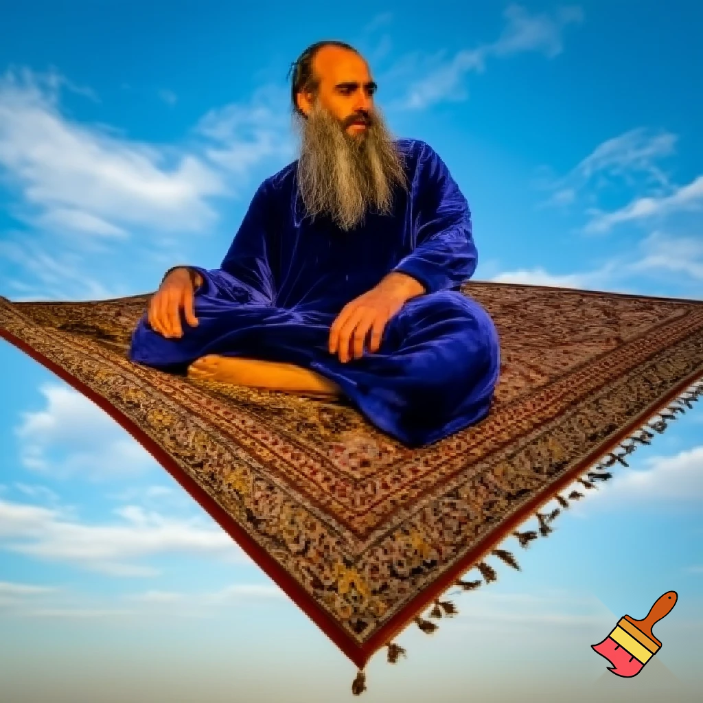 Guy with big beard flying on a carpet in the sky