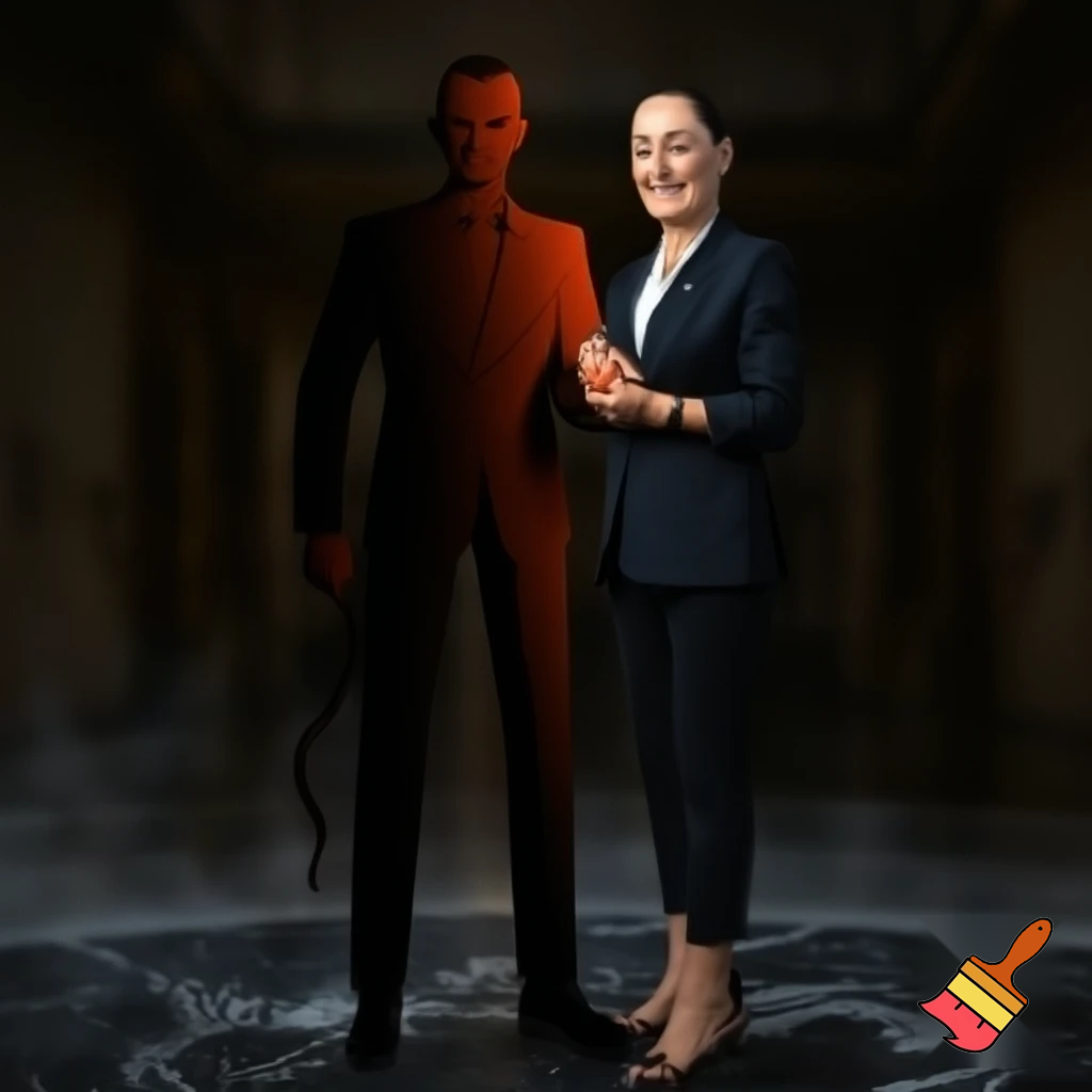 claudia sheinbaum holding hands with the devil and smiling, full body, making deals