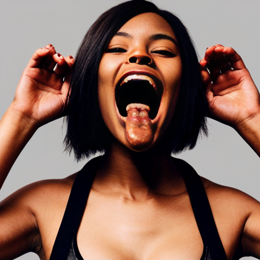 Zuri Tibby is an African American dark skin fashion model woman 5-foot-10. has a long black hair, naked depicted as a long cylindrical shape inflated like a balloon inflated like a balloon oblong cylinder shape dark chocolate hot dog body sausage forming a long thin cylindrical balloon with breast and belly button with no visible definition of limbs with no visible definition of limbs she was screaming, being eaten and ripped by the giant human mouth of the mouth background giant white human face male mouth her body inside the giant mouth being eaten, biting and ripped by a giant human teeth closed on her body crush on her body biting it in half