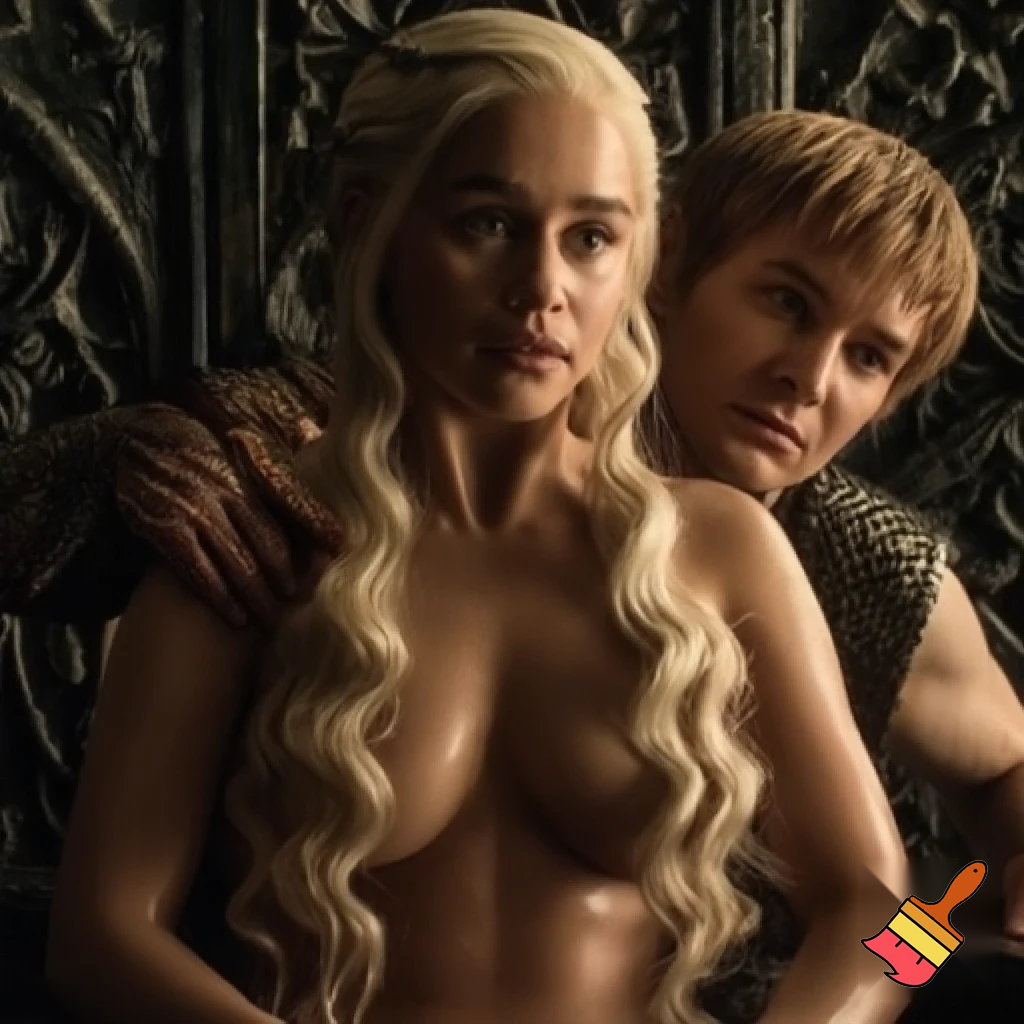 Daenerys Targaryen and Cersei Lannister wrestling in the throne room , Cersei Lannister is under Daenerys and losing. Both are naked and all sweaty 
