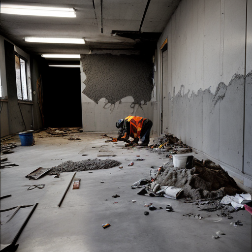 A chaotic construction site. A raw, dark-grey concrete subfloor, severely cracked and spalling. Piles of gray dust, scattered brick debris, an empty sack labeled "CEMENT," discarded paint buckets, and bare, unpainted walls.