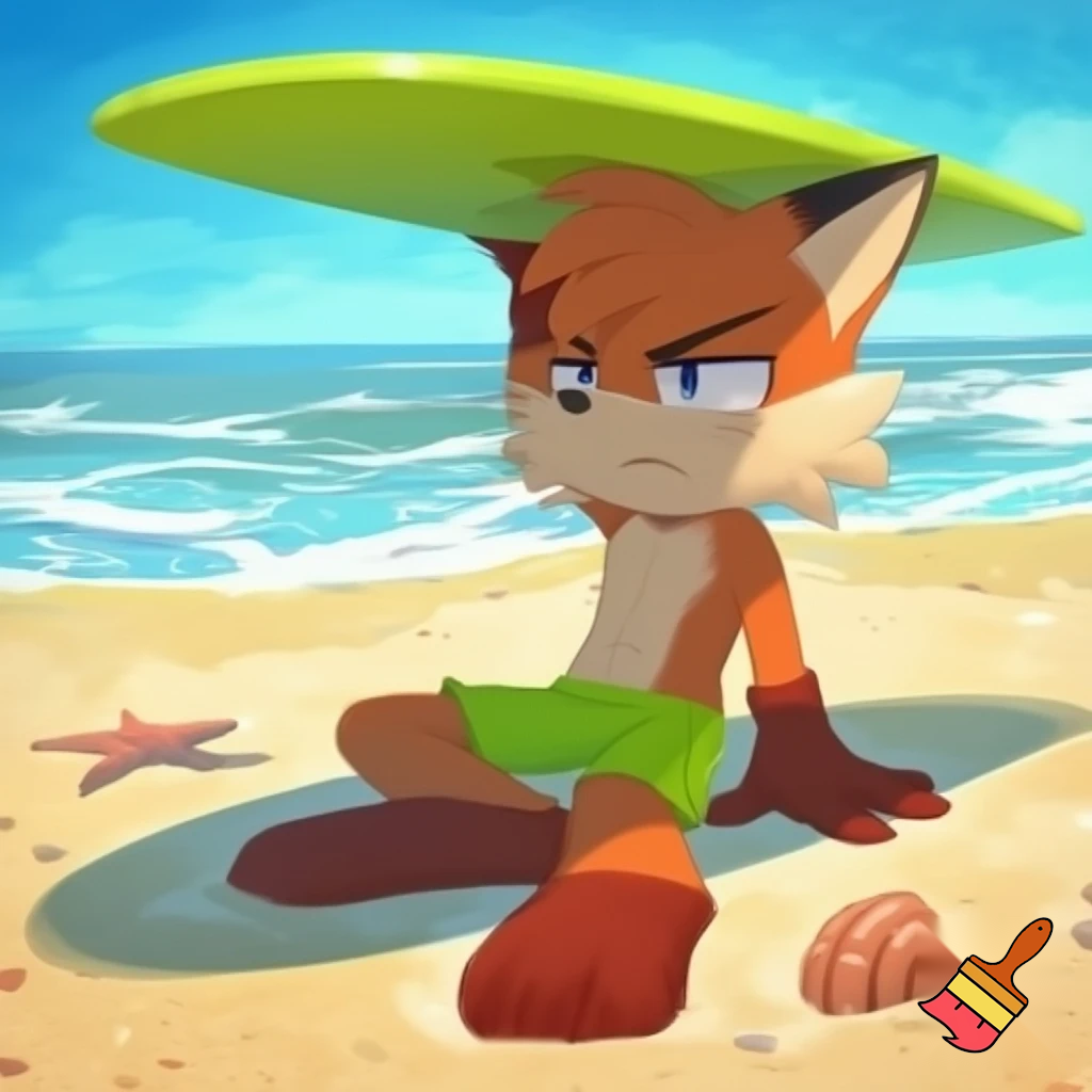 Premise: A tall cartoon male fox that wiped out while surfing ocean waves. He's prostrated on the shore, his green surfboard right on his head He looks pretty annoyed. The fox is wearing green swimming trunks. Beach setting, some seashells and a starfish in the sand, day time. Sonic OC style.