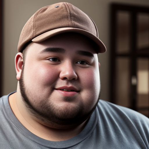 28 Year old Fat Guy with a big nose and has medium sized curly hair and is wearing a plain brown cap