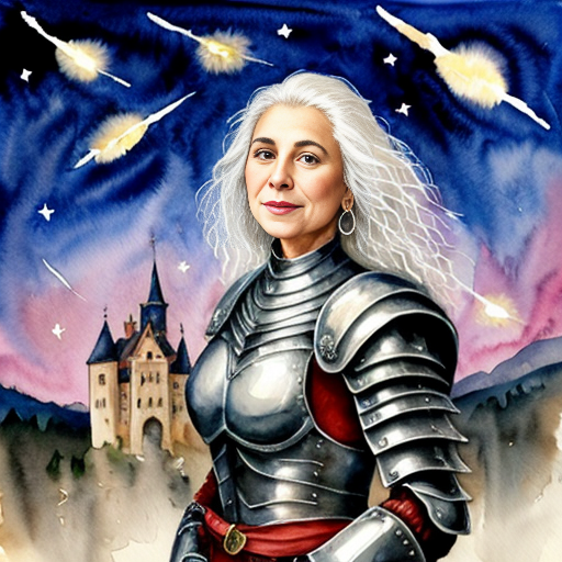 young tall white-haired woman in armor watches as meteors fall on the castle