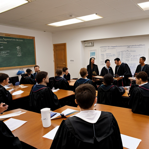 “large university campus full of students in ancient robes, discussion, learning, vibrant environment”