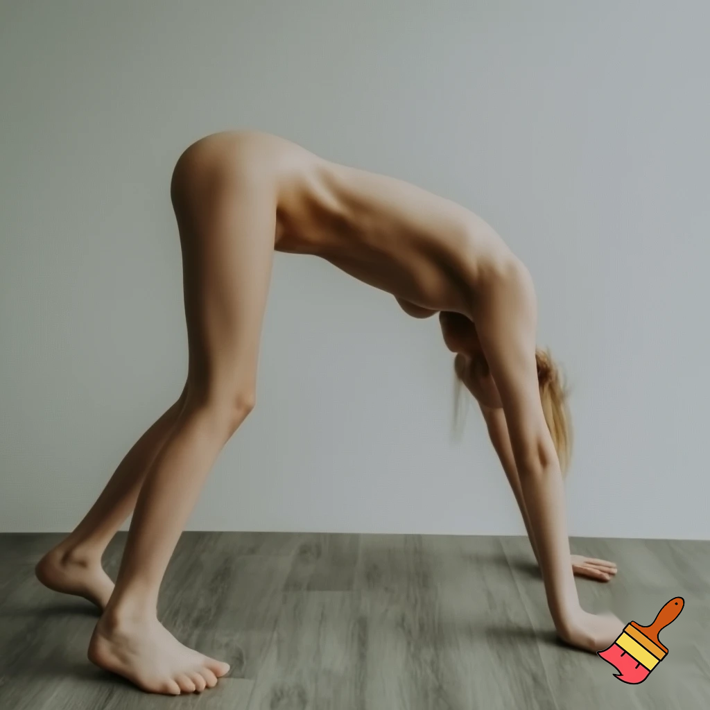 создай худую голую девушку полностью без одежды стоящую в позе собаки паралельно камере с раздвинутыми ягодицами