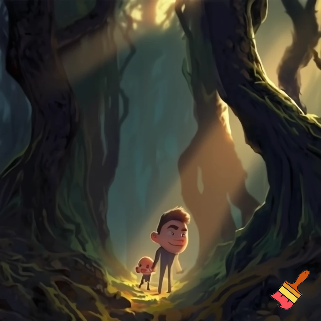 Draw me a little boy with his dad stuck in the forest