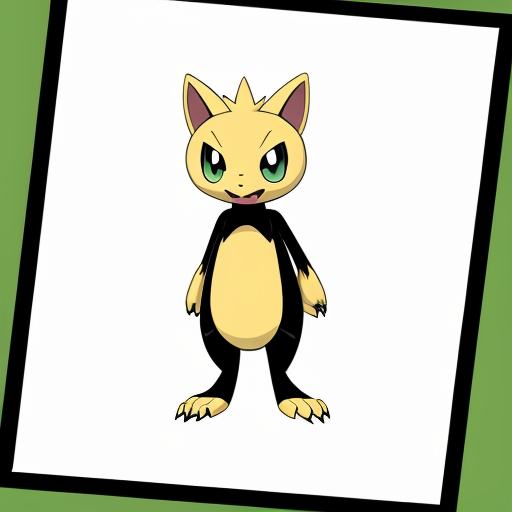 rubberhose bipedal, black, cat/weasel-like Dark/Ice-type Pokémon characterized by its sharp claws, golden yellow feathery crests, and a green forehead gem. Standing 3'07" tall, it features a red collar-like crown, two tail feathers, and green, almond-shaped eyes with dark lashes. pokemon big claws and big feet