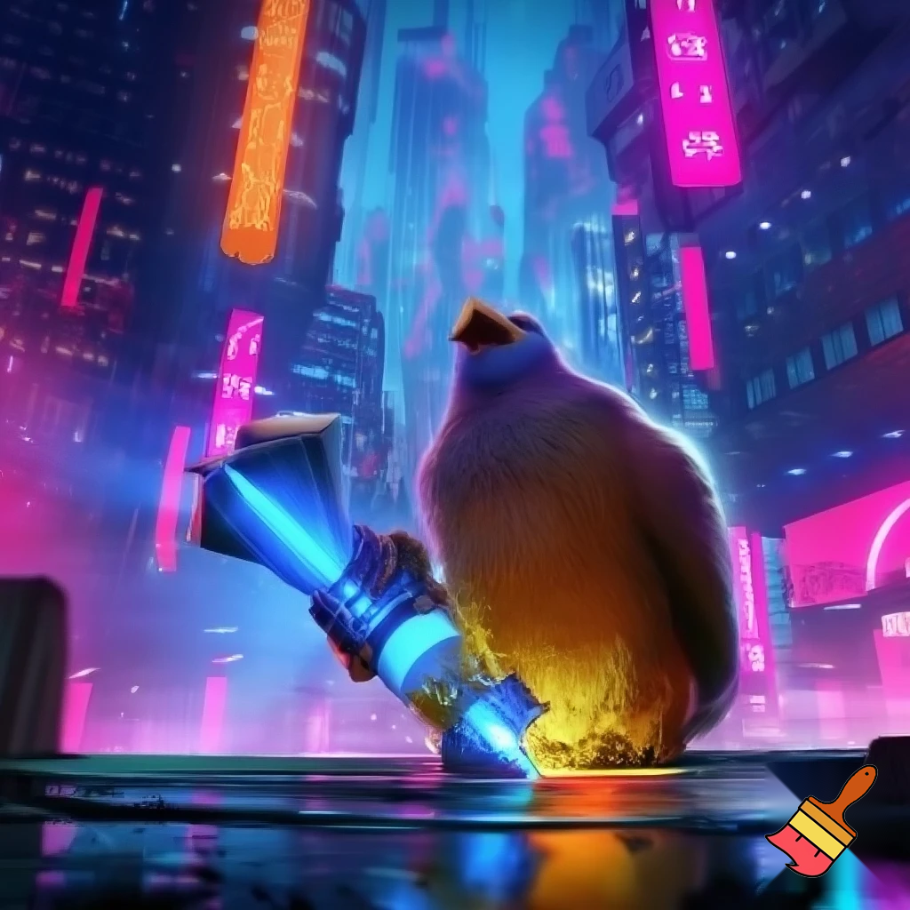 Labubu pay gorn with neon lights skyscraper