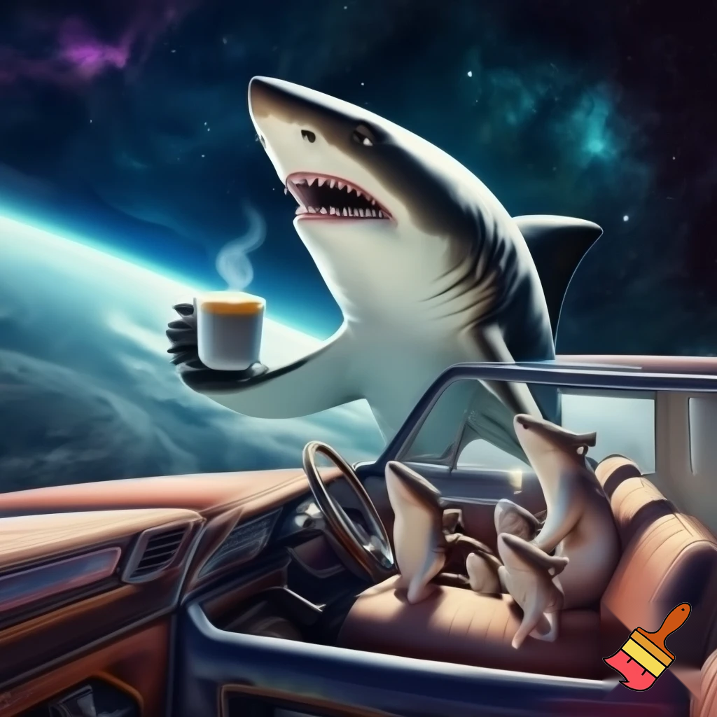 shark floating in a SUV car sipping coffee with his shark kids in the back of the car in space
