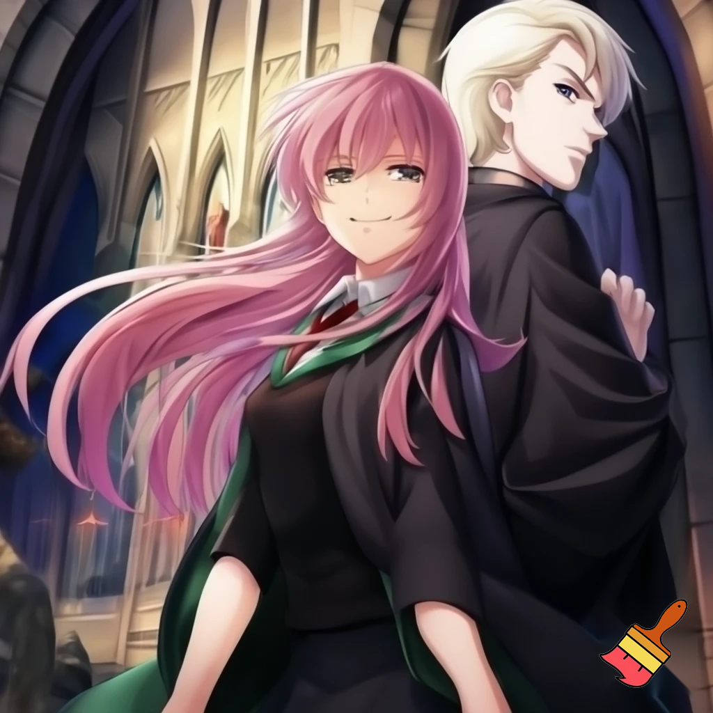 a anime girl, long pink hair, with a slytherin outfit. With Draco malfoy. Two people, hogwarts background. High quality and detail anime style 