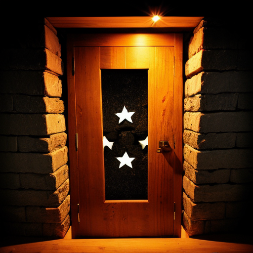 a wooden door with a star scratched onto it in a dark passage way with stone bricks.