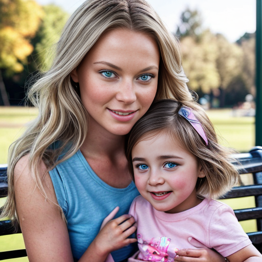 a 27 year old with dirty blonde hair and blue eyes with a daughter that is 2  years old with blonde hair and blue eyes in pink at a park 