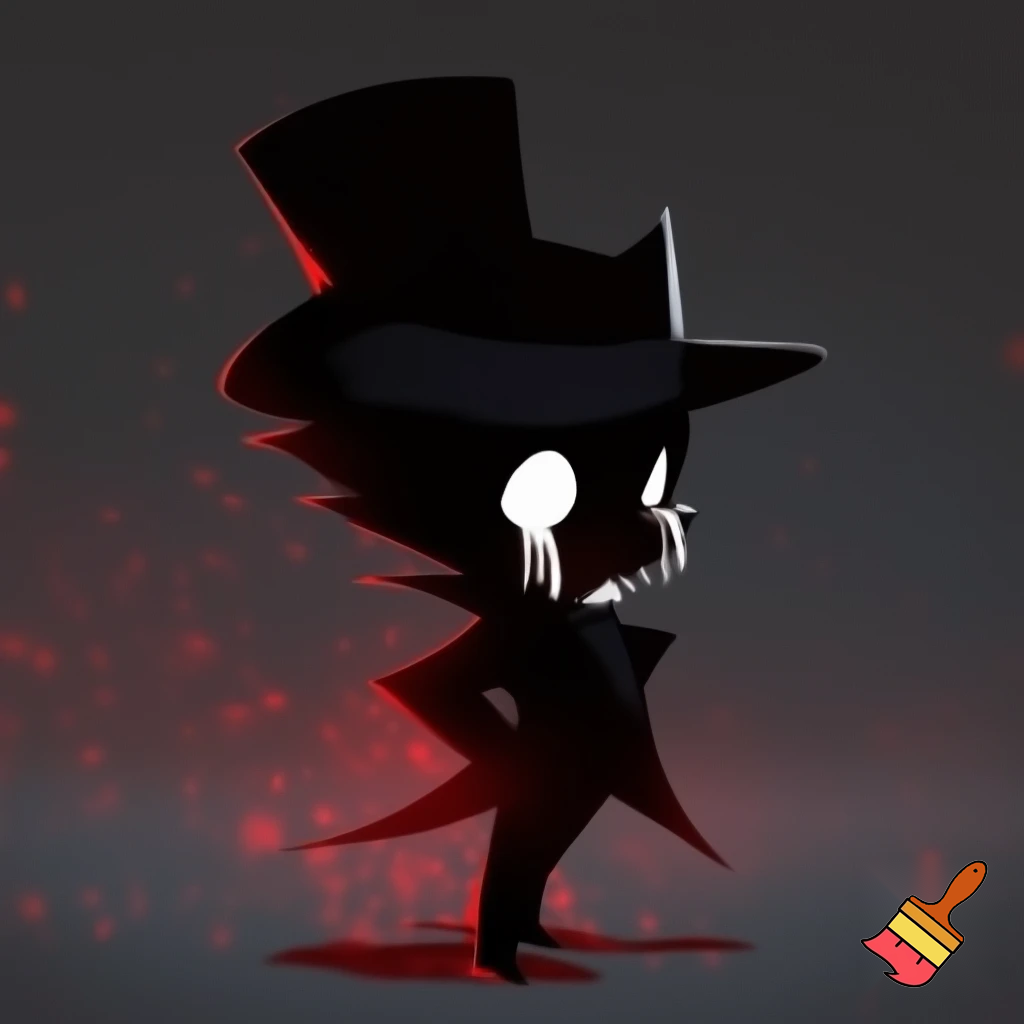 horror mascot icon of a mysterious shadow-like gentleman.
A dark humanoid figure made of living shadows, emitting subtle glowing red particles.
He wears a short black top hat and an elegant dark coat.
His face is covered by a white theatrical mask showing both a laughing and crying expression at the same time, with fully white, painted eyes and white tears dripping down.
The character has a small chibi body with a large head, elegant posture, refined and classy appearance.
Dark horror illustration style with sharp, expressive lines, deep blacks and grays, high contrast lighting, and vivid red glowing particles.
Cute but unsettling, elegant yet sinister.
Minimal background, dark vignette, centered composition.
High detail, clean silhouette, perfect for a brand mascot icon.
