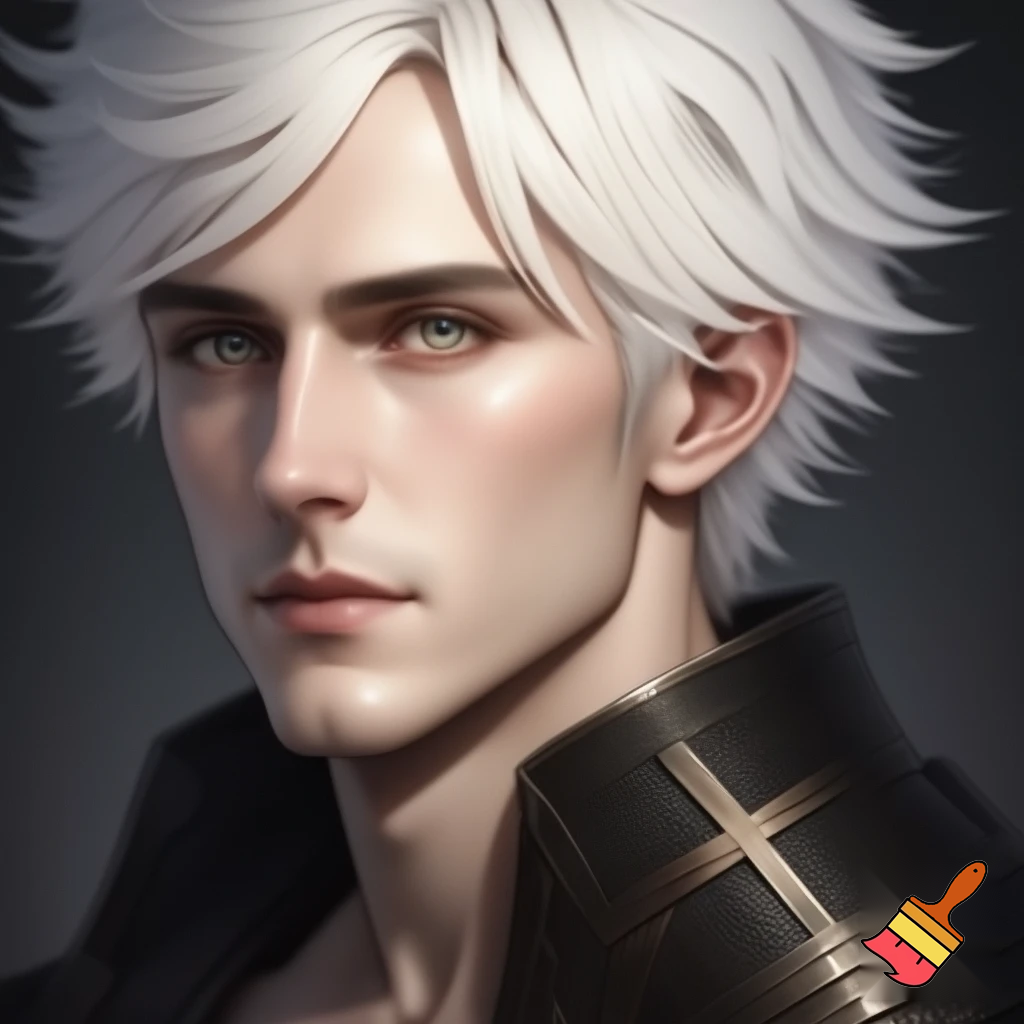 a fair faced man with angelic short white hair and blueish gold eyes. he is also a knight