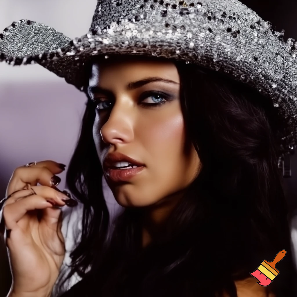 Adriana Lima wearing a sparkling cowboy hat, pinterest, aesthetic
