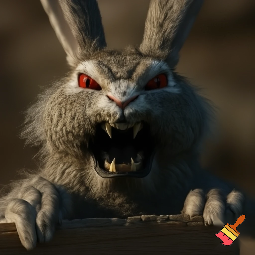 European rabbit red glaring eyes sharp teeth and fur holding a sign angry face firce