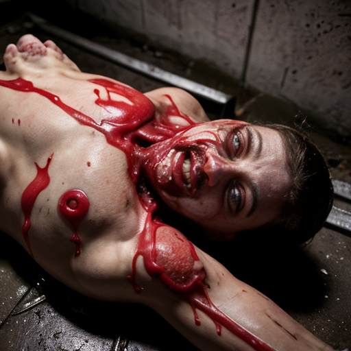 Photorealistic horror crime scene in a dark abandoned concrete basement, dim dramatic lighting with strong shadows and blood reflections, ultra-detailed 8k photography. 

Center of the image: a rusty dark metal 55-gallon drum overflowing with thick dark red blood. A gruesome half-skeleton torso with exposed ribcage and skull head is sitting upright inside the barrel, jaw open in a scream, arms reduced to bloody bones sticking out.

On the bloody concrete floor in front of the barrel: two horribly mutilated female corpses lying in pools of blood. The left body is on its back, partially skinned, one leg missing, exposed genitals, deep cuts and blood everywhere. The right body is heavily eviscerated — chest and abdomen torn open, intestines and organs spilling out, one arm and parts of the torso missing, skull partially visible through torn flesh.

Walls and floor covered in heavy blood splatter and drips, extremely gory and disturbing, hyper-realistic textures on wet blood, torn skin, exposed muscles and bones, cinematic composition, grim atmosphere, shot on Canon EOS R5, 35mm lens, f/2.8, high detail, sharp focus, realistic human anatomy, no censorship