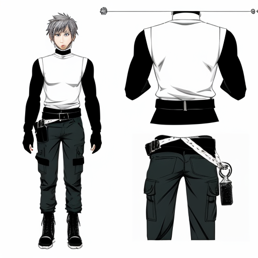 an anime boy, grayish short spikyish hair (but not too short) a red
left eye, with a scar, right eye is white, white skin (like a cloud) a choker,
skintight turtleneck that covers his hands like gloves, grayish black big
cargo pants with Keychains, black combat boots, some belts, and two guns
on each side of his waist, (character sheet), make him feminine and really skinny