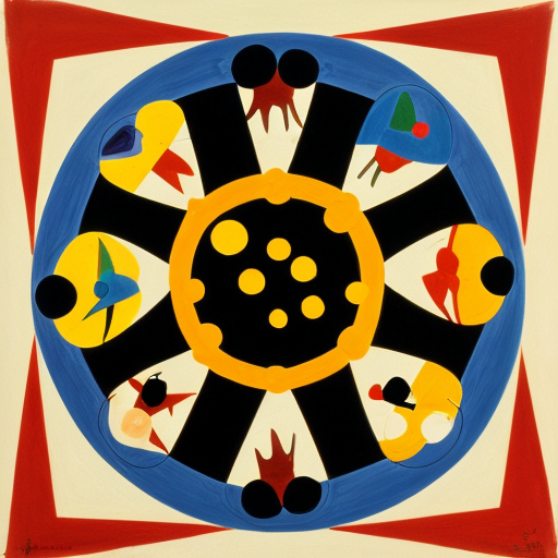 Put surreal Features in a circle consisting of multiple abstract figures in  Miro  and Matisse style