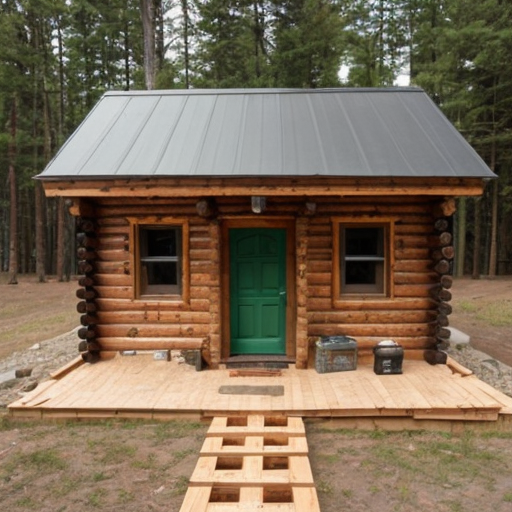 a cabin but made with bricks instead of wood with a row of smokestacks on top  with a vault door instead of a regular door