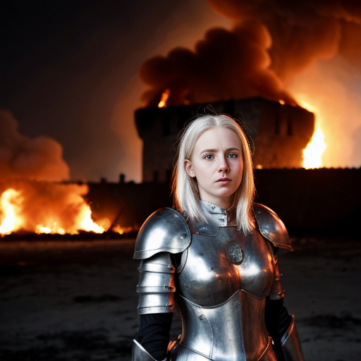 young, tall, white-haired woman in armor stands in front of a burning castle into which meteorites are falling.