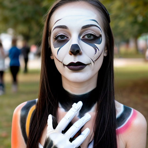 Long straight hair girl with gloves nonverbal stimming walking around with black and white face paint and body paint and a smelly nose