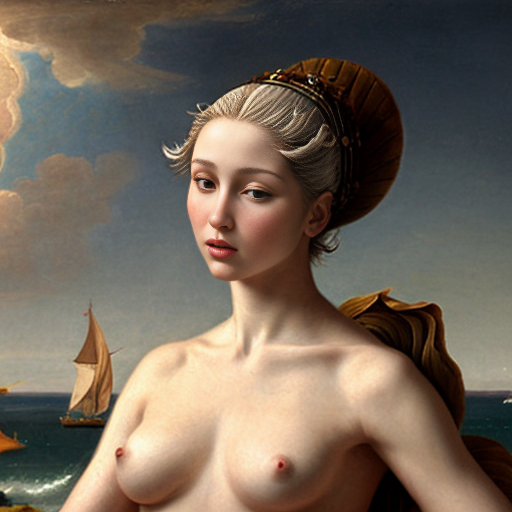 Image inspired by The Birth of Venus but tall white-haired woman