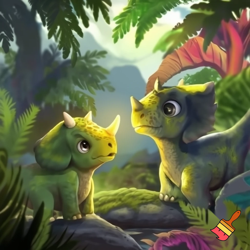 Draw a cute baby triceratops in the wild with a glowing nose horn and another dinosaur questioning him 