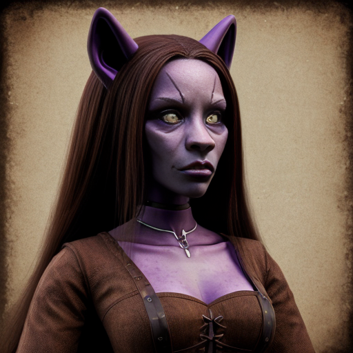 Anthropomorphic humanoid female black werewolf with long pretty hair and purple eyes, wearing brown medieval clothes 