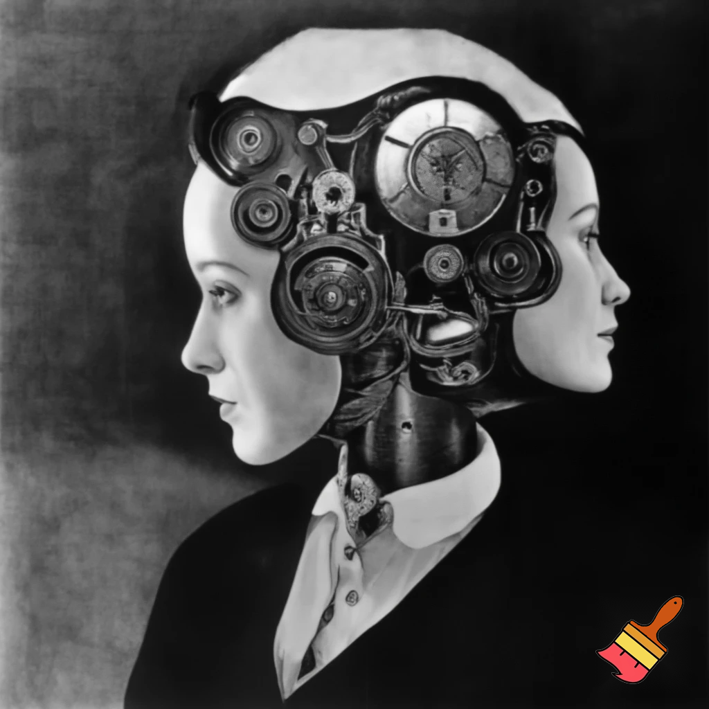 Bio-mechanical girl portrait, noise art. In the style of a 1920's German Expressionism. Black & white.